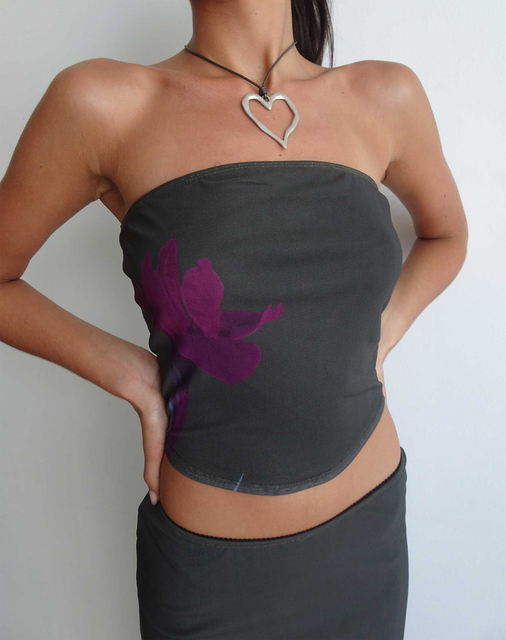 Peggy Bandeau-Top in Grün mit lila Blumenprint