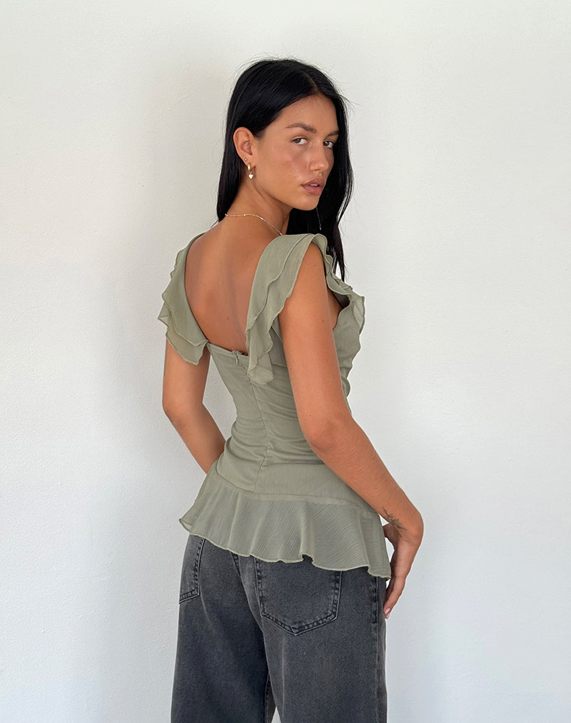 Image of Piro Rüschen-Langarm-Top aus Chiffon Olive