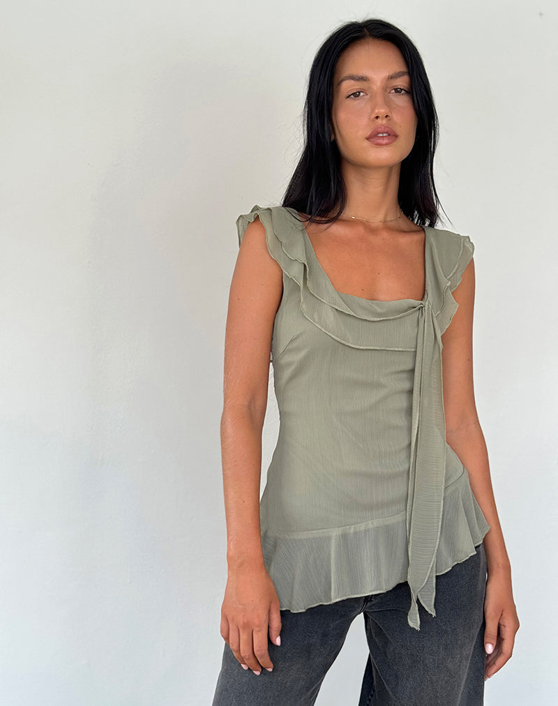 Image of Piro Rüschen-Langarm-Top aus Chiffon Olive