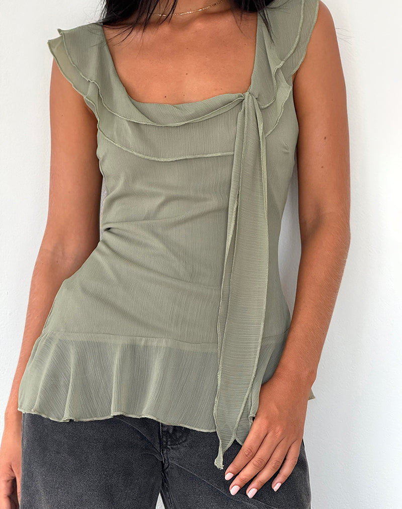 Image of Piro Rüschen-Langarm-Top aus Chiffon Olive