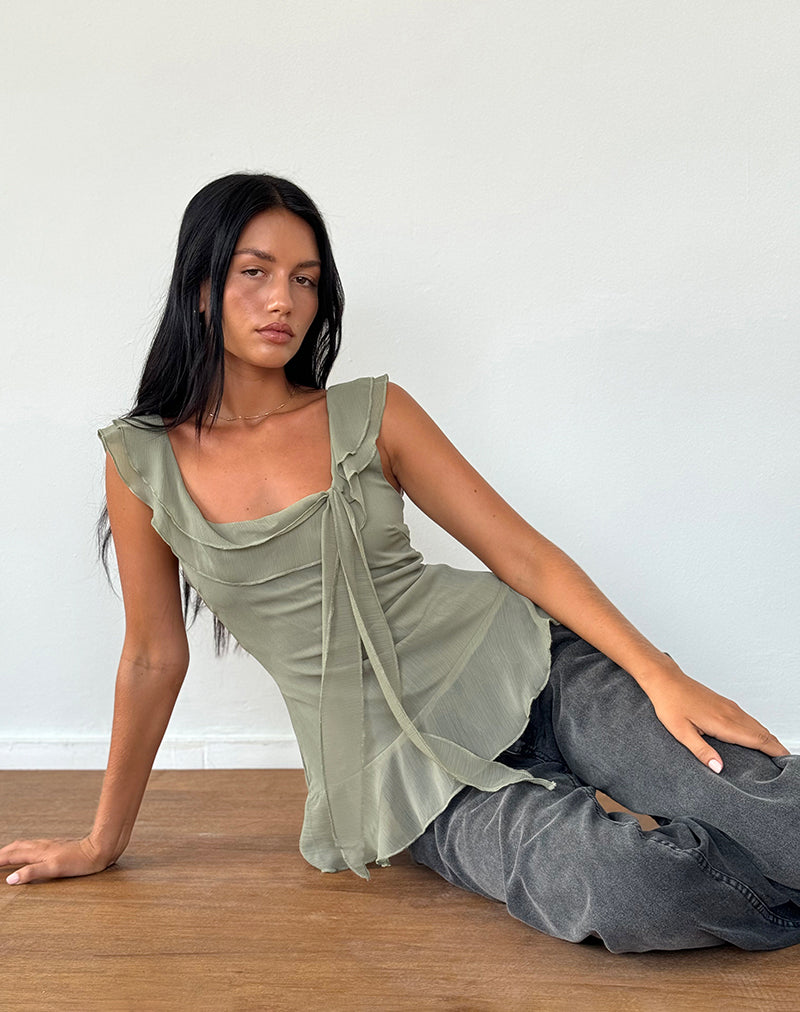 Piro Rüschen-Langarmshirt aus Chiffon Olive