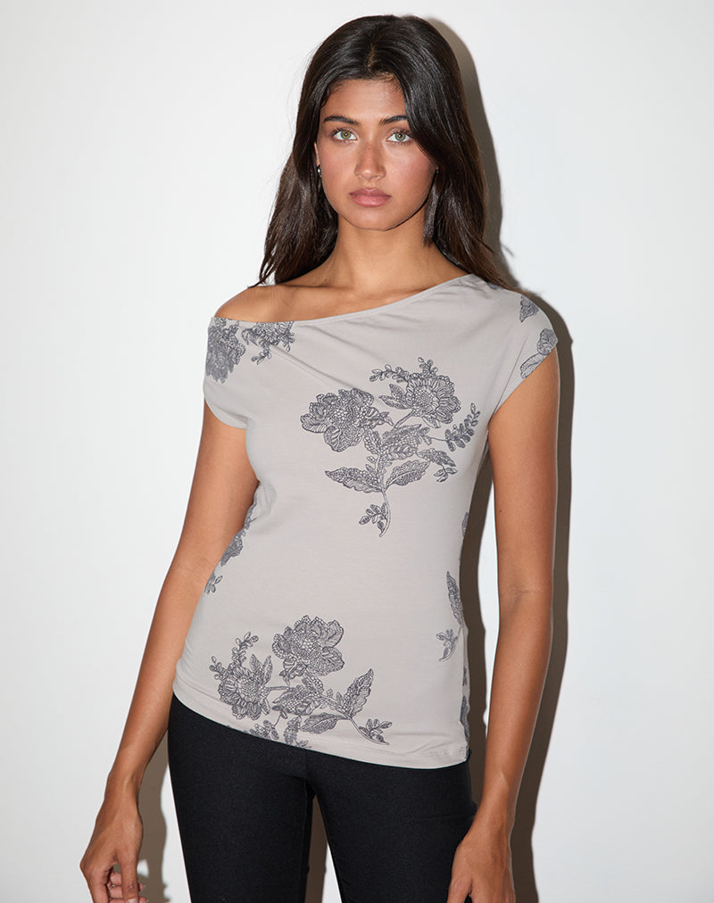 Pyso Asymmetrisches Top aus Spitze mit Blumen Grau