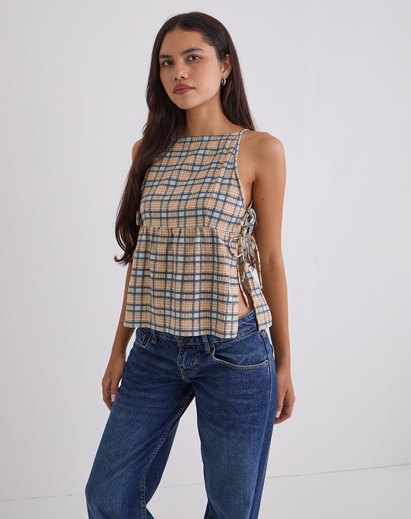 Palsi Lockeres ärmelloses Top in Pastellblau Tartan