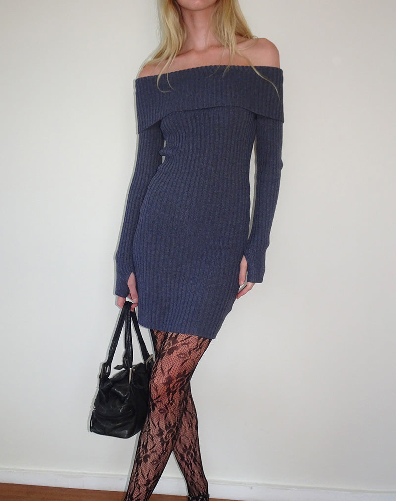 Image of Queeva Gestricktes Bardot-Minikleid in dunkler Holzkohle