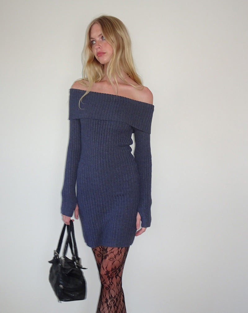 Queeva Gestricktes Bardot-Minikleid in Dunkelkohle