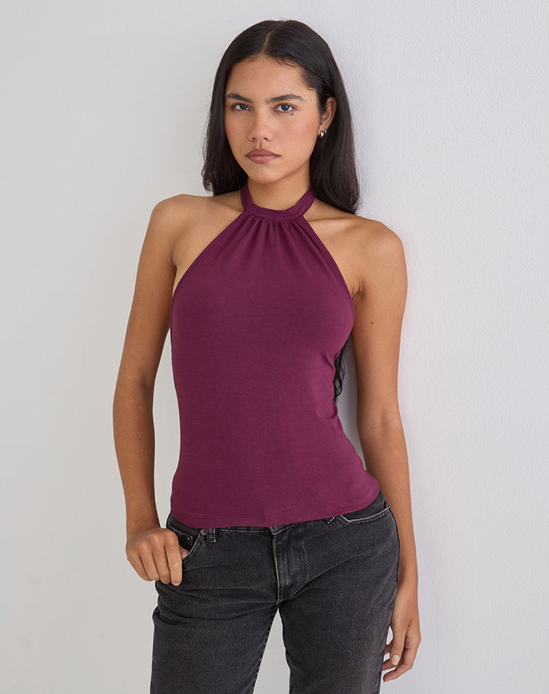 Raceline Halterneck Top in Rayon Jersey Deep Purple
