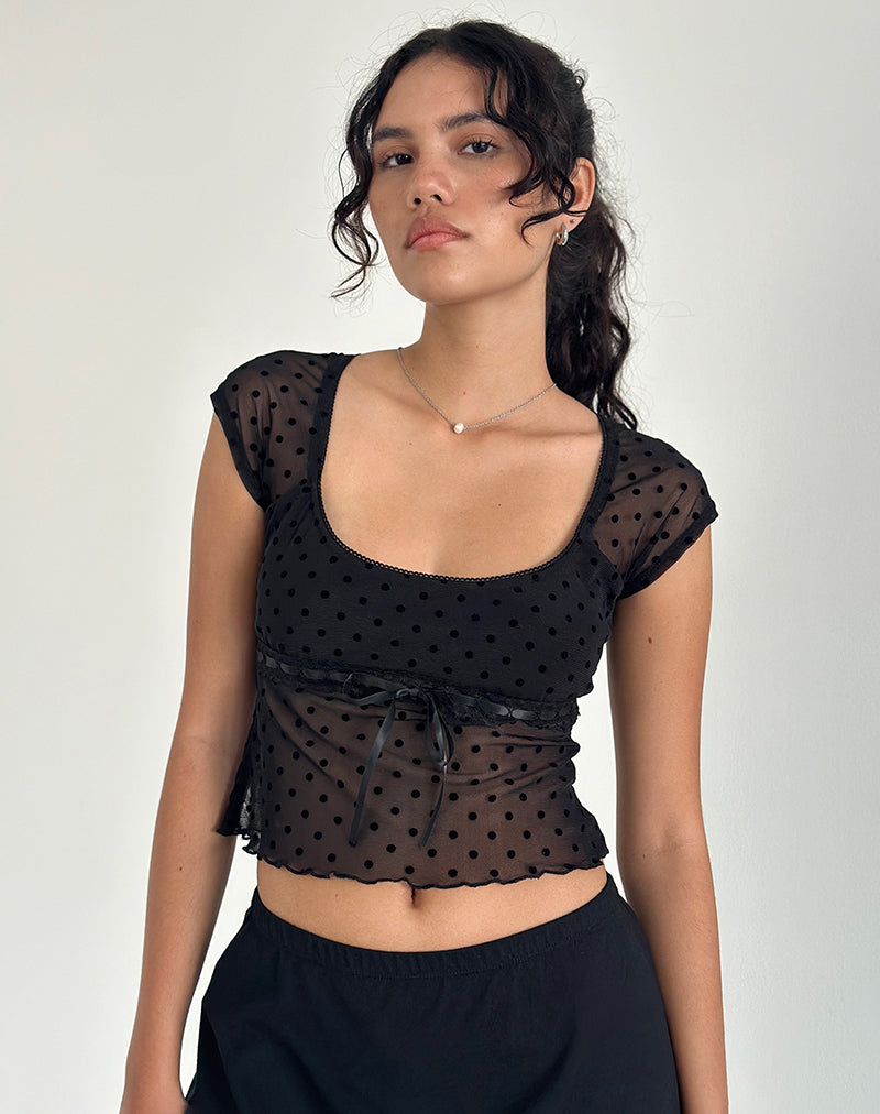 Image of Rada Top aus beflocktem Mesh Basic Polka Schwarz
