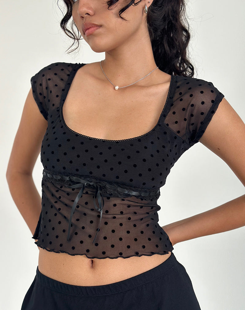Image of Rada Top aus beflocktem Mesh Basic Polka Schwarz