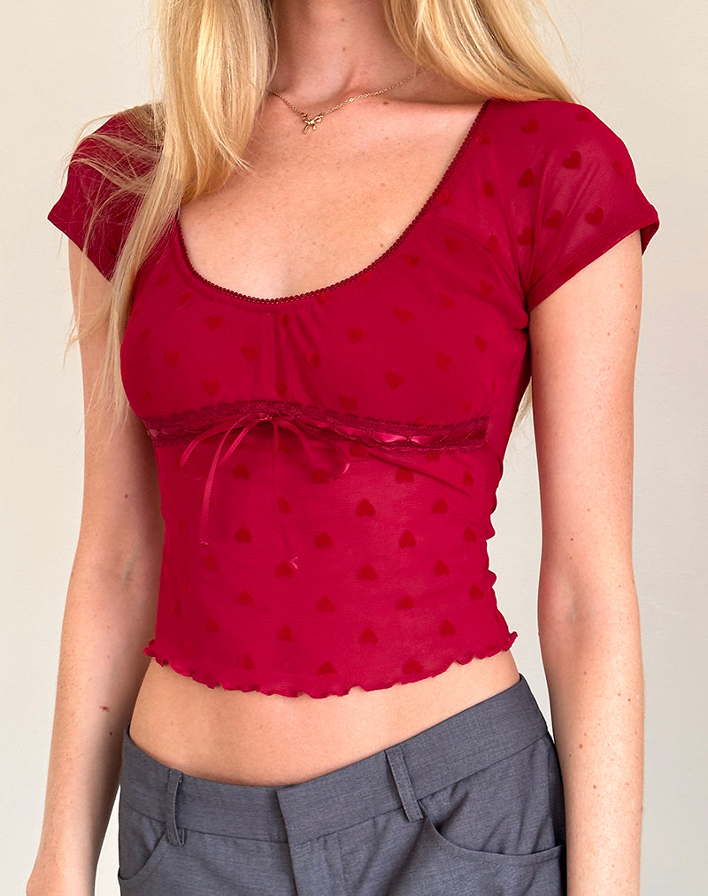Image of Rada Top in Rot Herz beflockt Mesh