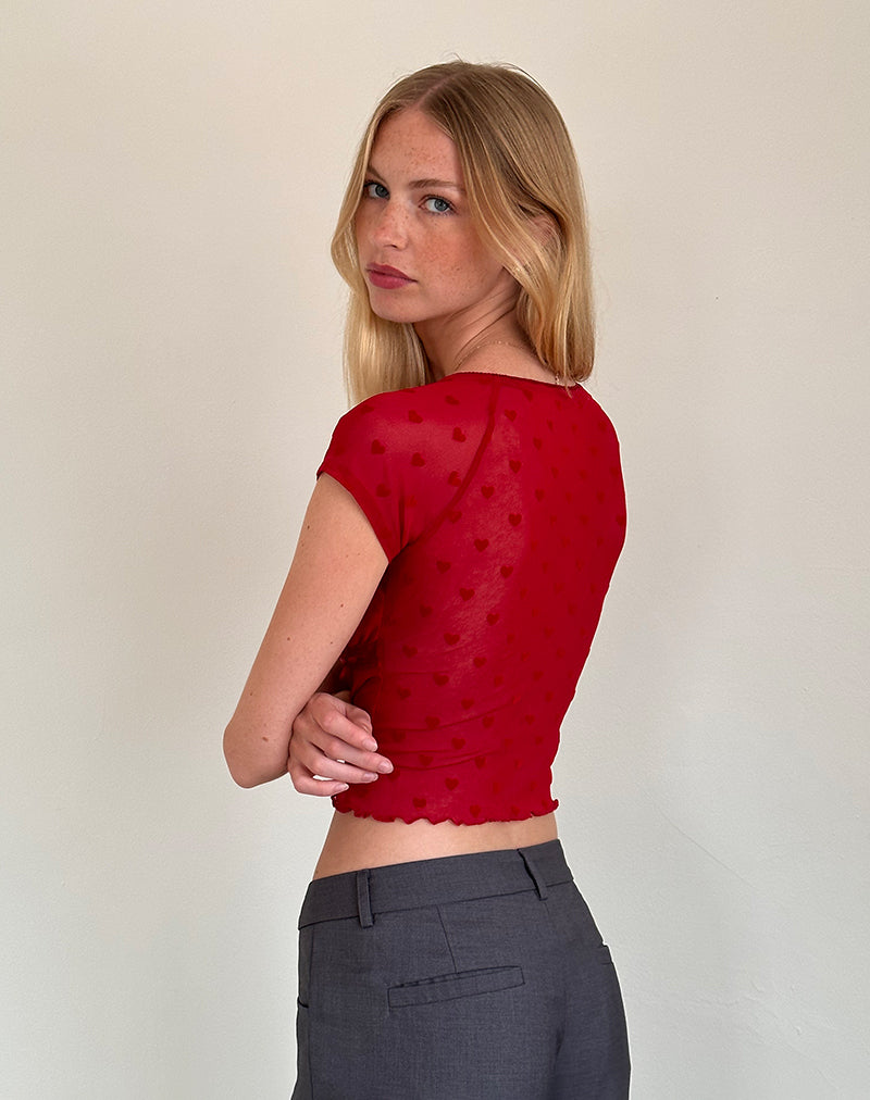 Image of Rada Top in Rot Herz beflockt Mesh