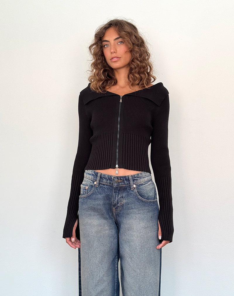 Image of Radia Langärmeliger Off-Shoulder Pullover mit Reißverschluss in Schwarz