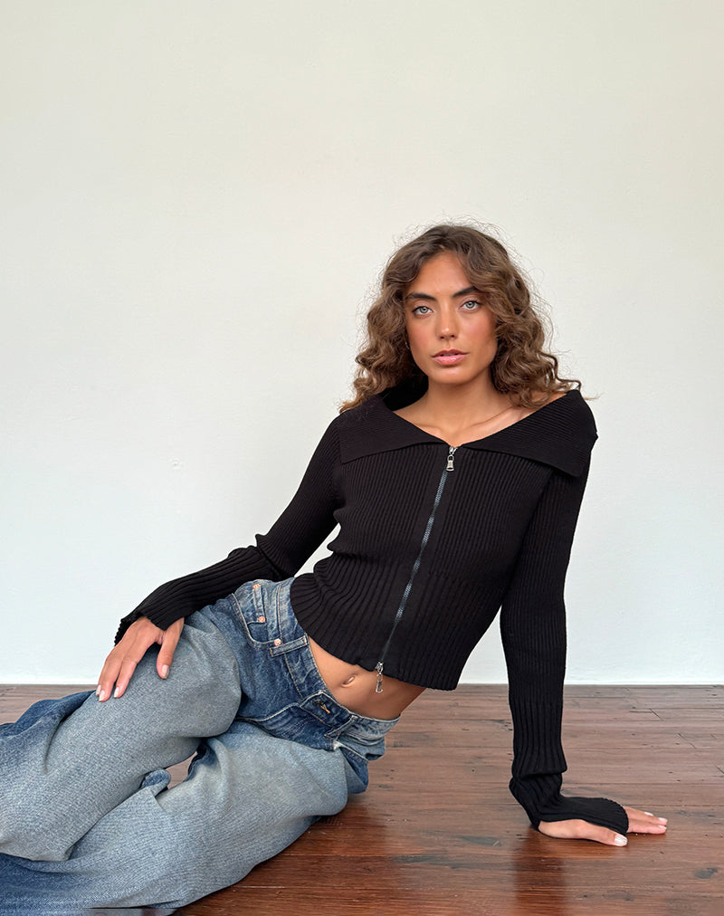 Image of Radia Langärmeliger Off-Shoulder Pullover mit Reißverschluss in Schwarz