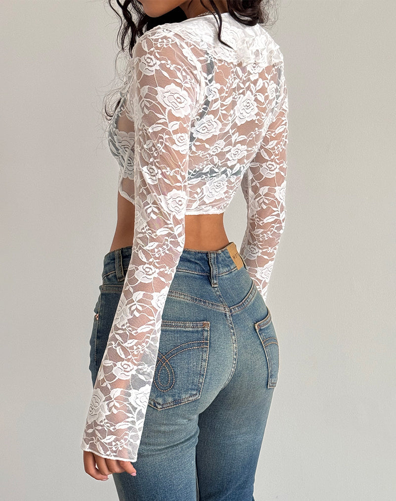 Image of Raine ungefütterte Strickjacke in Elfenbein Big Rose Lace