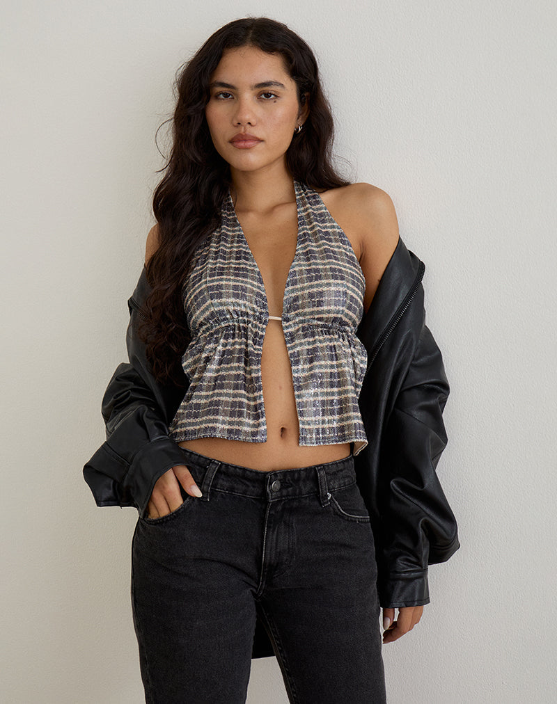 Image of Ramilo Top aus Pailletten Vintage Check Braun