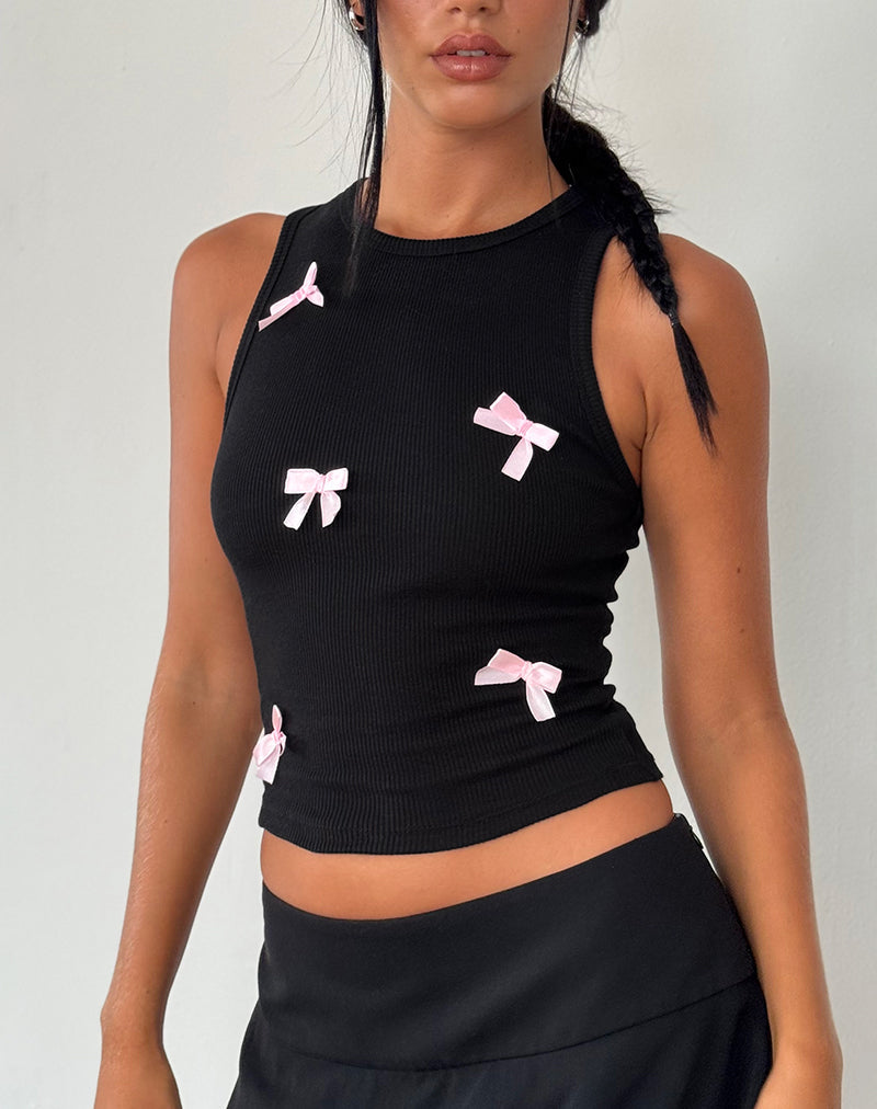 Image of Rave Vest Top in Schwarz mit rosa Schleifen