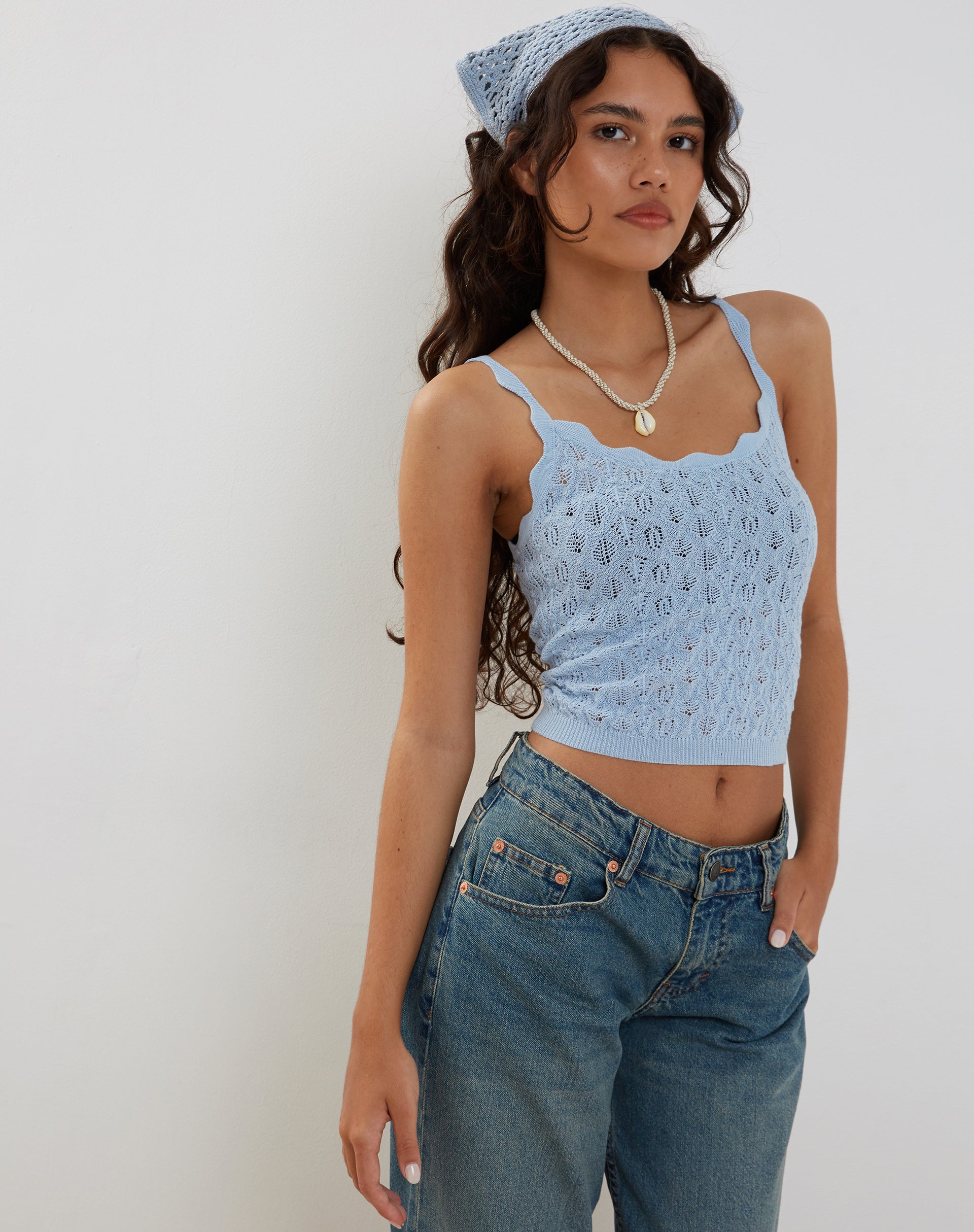 Reagan Pointelle Knit Cami Top in Baby Blau