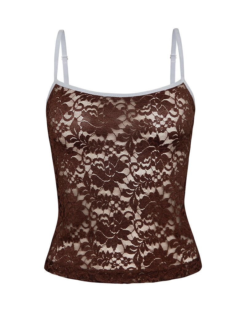 Image of Redum Cami Top aus schokoladenfarbener Spitze mit blauer Borte