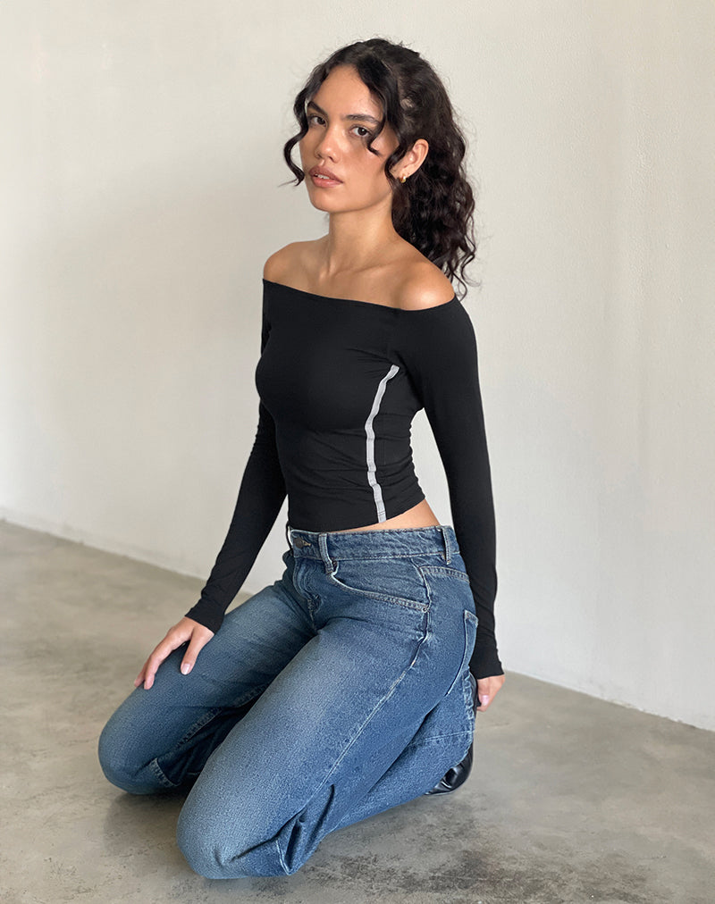 Reiba Langarm-Top in Schwarz mit grauem Einfassband