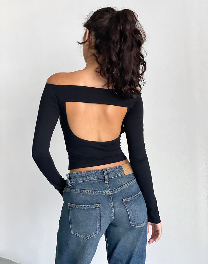 Reiba Langarm-Top in Schwarz mit grauem Einfassband