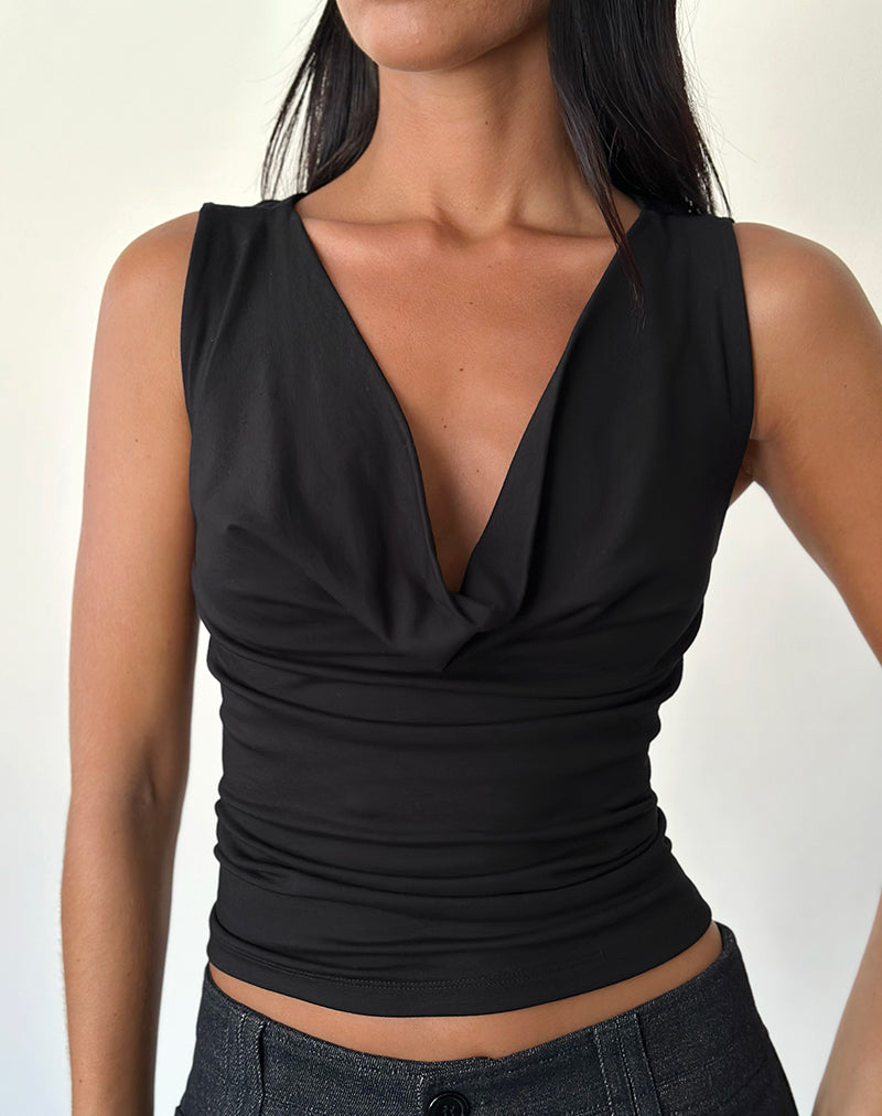 Image of Reni Cowl Neck Top aus schwarzem Rayon Jersey