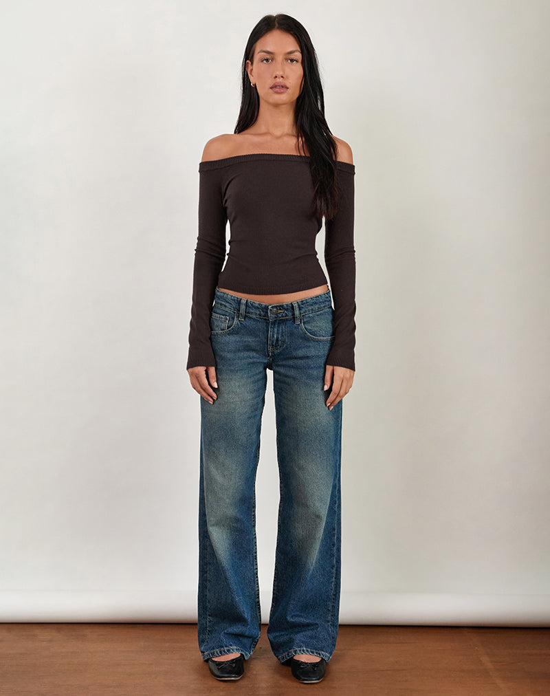 Image of Renie Bardot Top aus dunkelbraunem Strickstoff