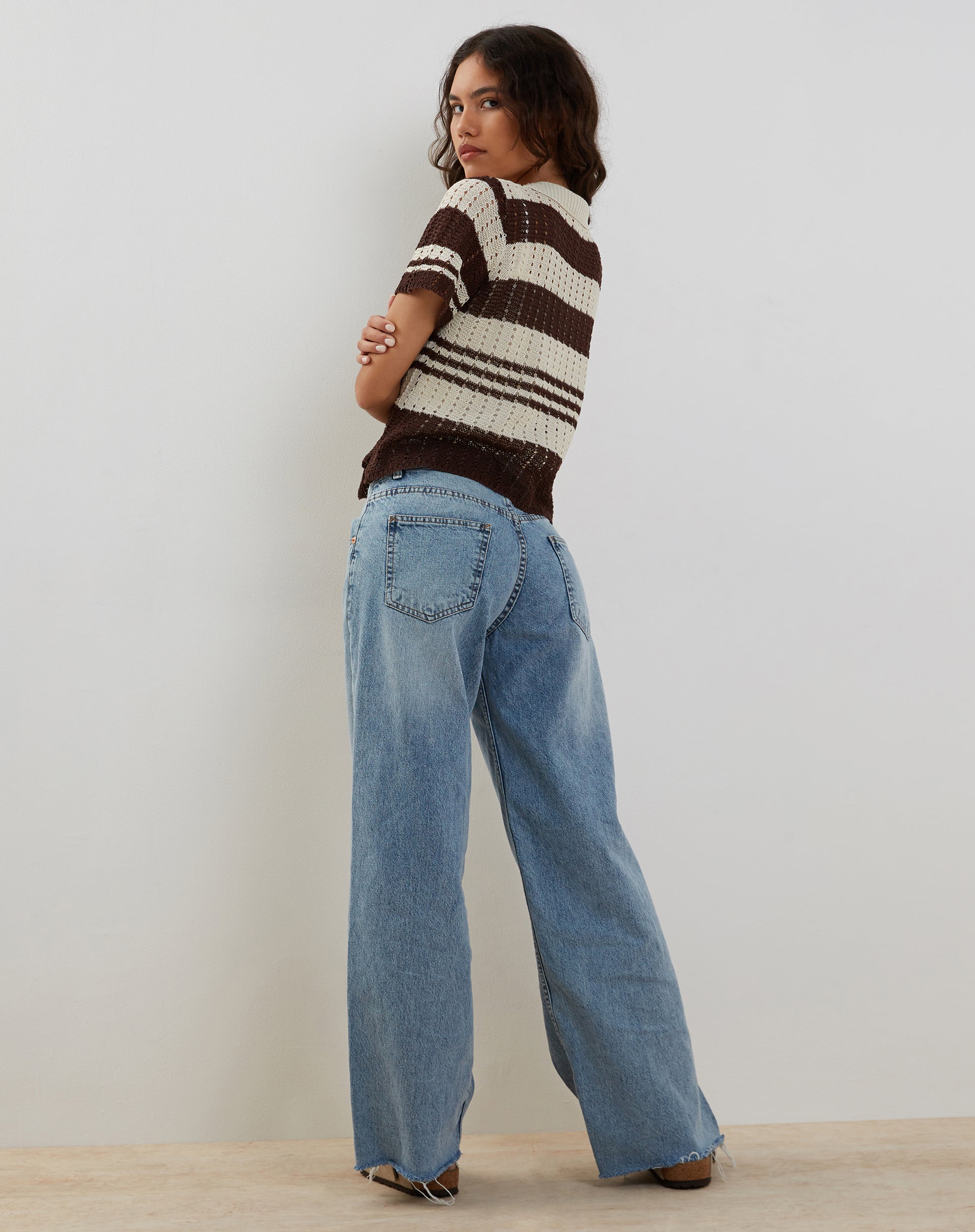 Image of Siwi Pointelle gestricktes Poloshirt in Streifen Neutral