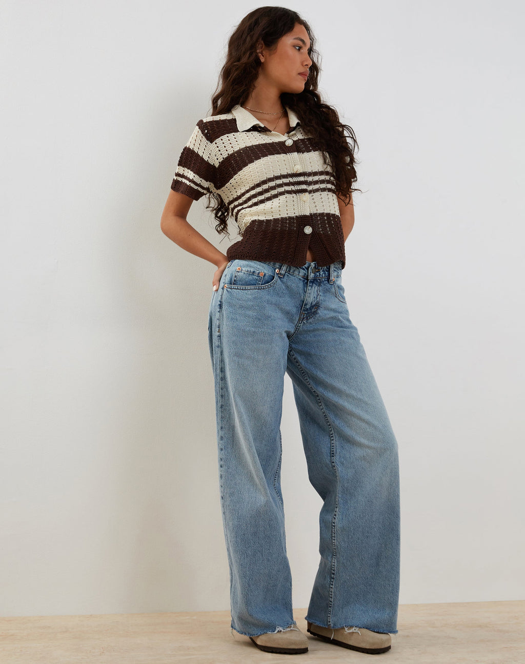 Siwi Pointelle gestricktes Poloshirt in Streifen Neutral