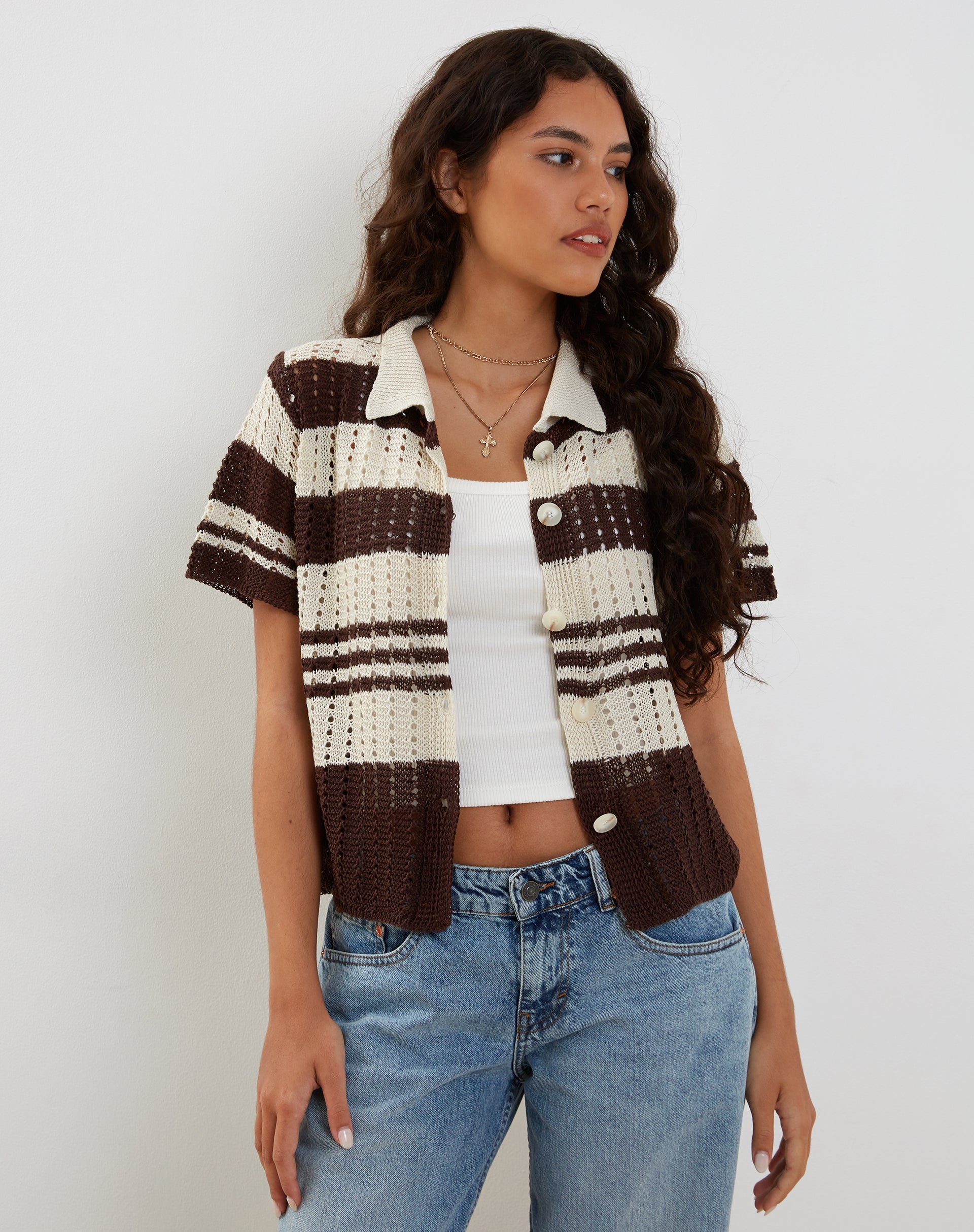 Image of Siwi Pointelle gestricktes Poloshirt in Streifen Neutral