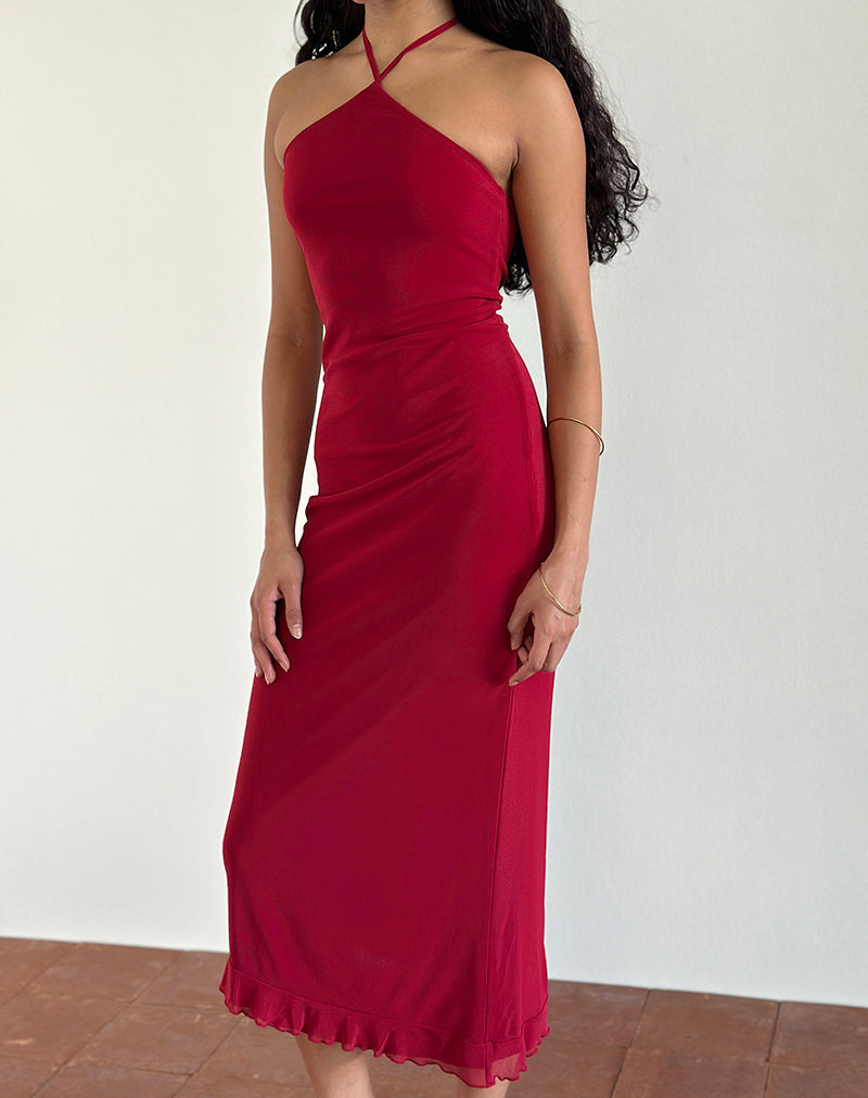 Ribka Midikleid mit Neckholder aus Mesh in Kirsche