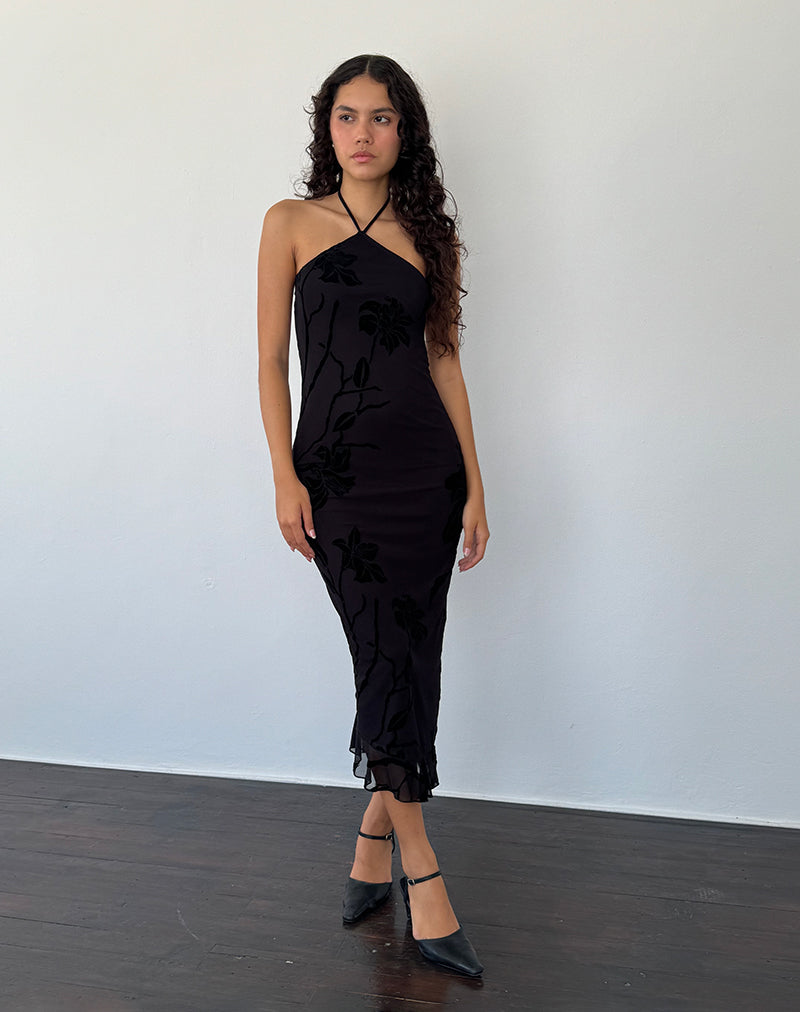 Image of Ribka Midikleid mit Neckholder aus Orchideenflock Schwarz