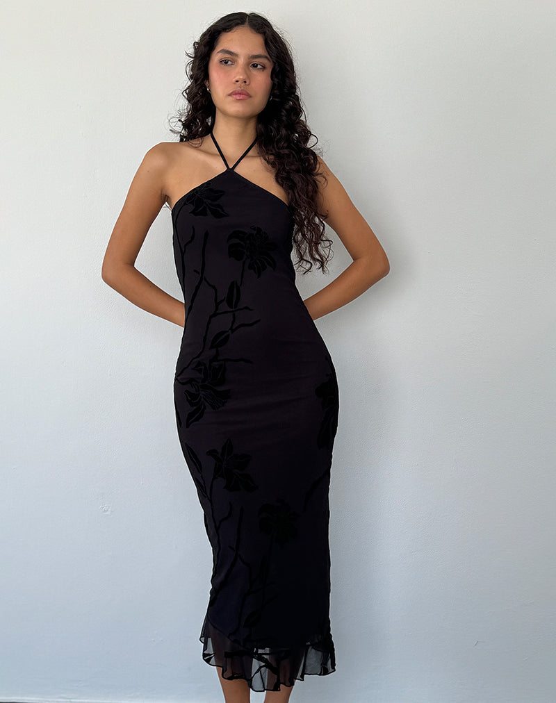 Image of Ribka Midikleid mit Neckholder aus Orchideenflock Schwarz