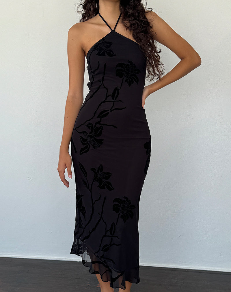 Ribka Midikleid mit Neckholder aus Orchideenflock Schwarz