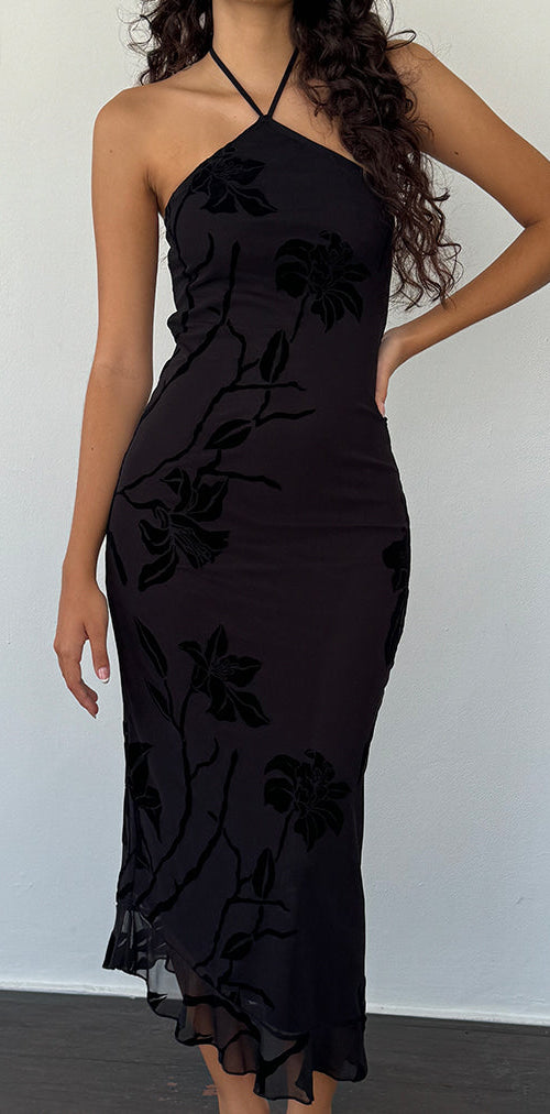Image of Ribka Midikleid mit Neckholder aus Orchideenflock Schwarz