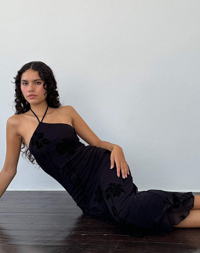 Ribka Midikleid mit Neckholder aus Orchideenflock Schwarz