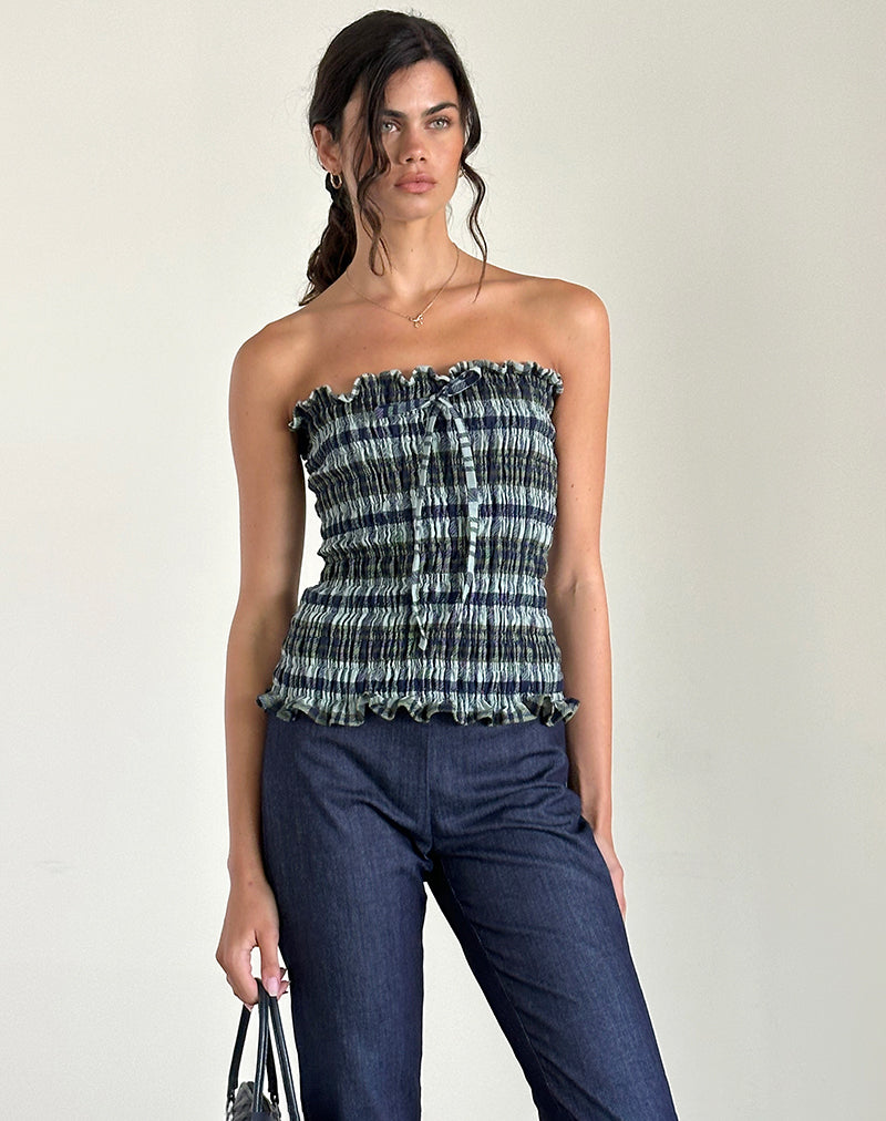Image of Rigia Bandeau Top aus Leinen Mono Check Grün
