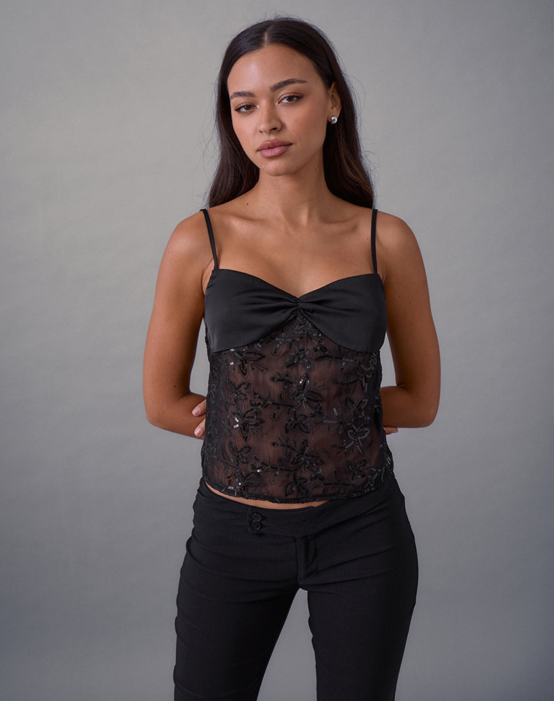 Image of Rikasu Top aus floralem Chiffon mit Pailletten Schwarz
