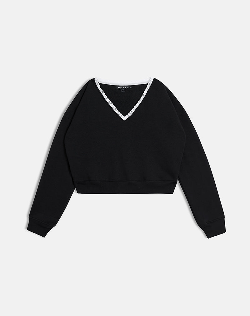 Image of Rodyn Pullover in Schwarz mit weißer Picot-Bindung