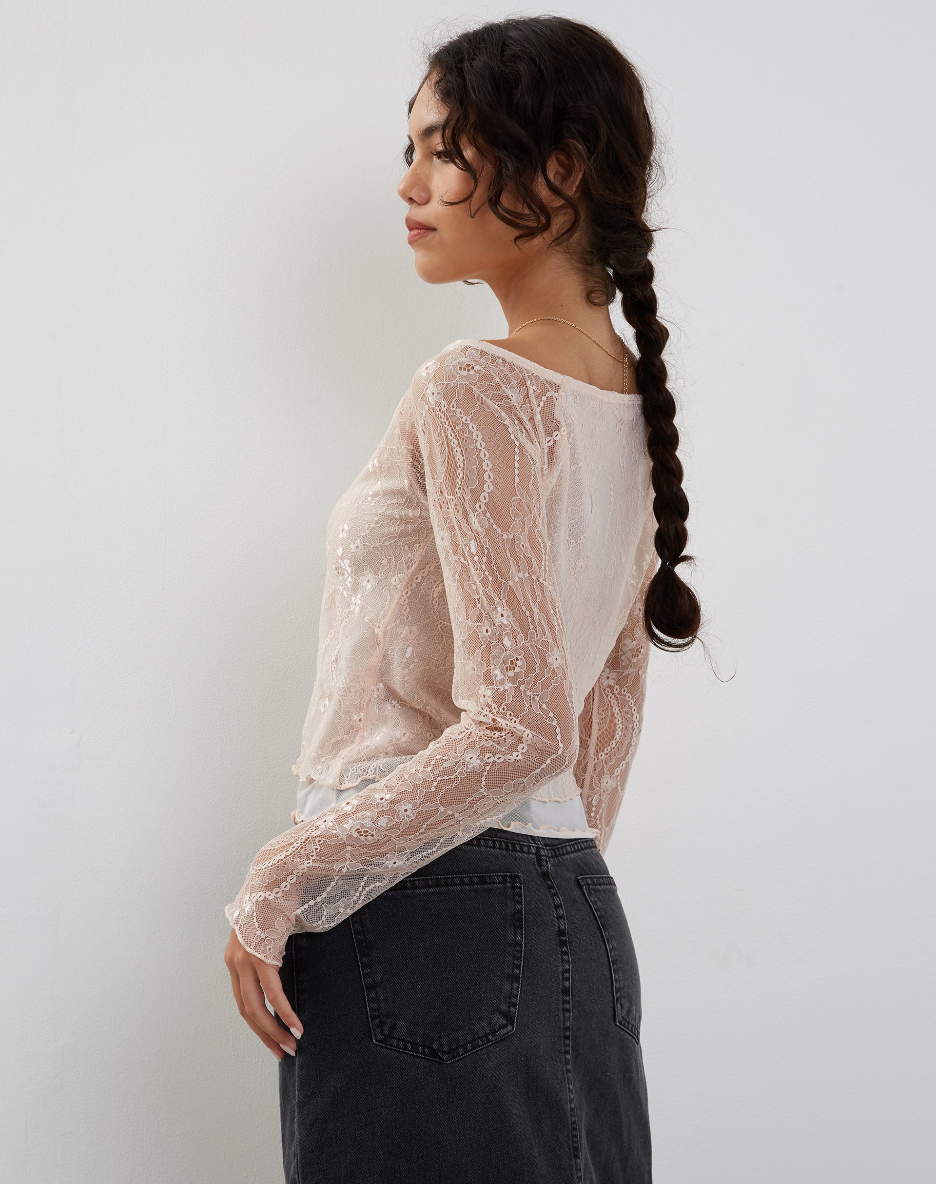 Image of Rory Langarm-Spitzen-Top in Rosa