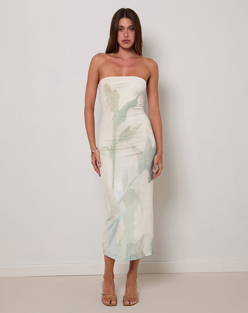 Image of Rosbandi Bandeau Midikleid aus abstrakter gemalter Blume Blau