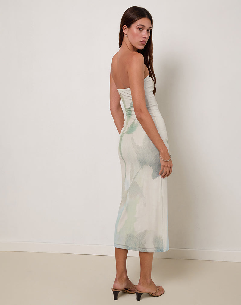 Image of Rosbandi Bandeau Midikleid aus abstrakter gemalter Blume Blau