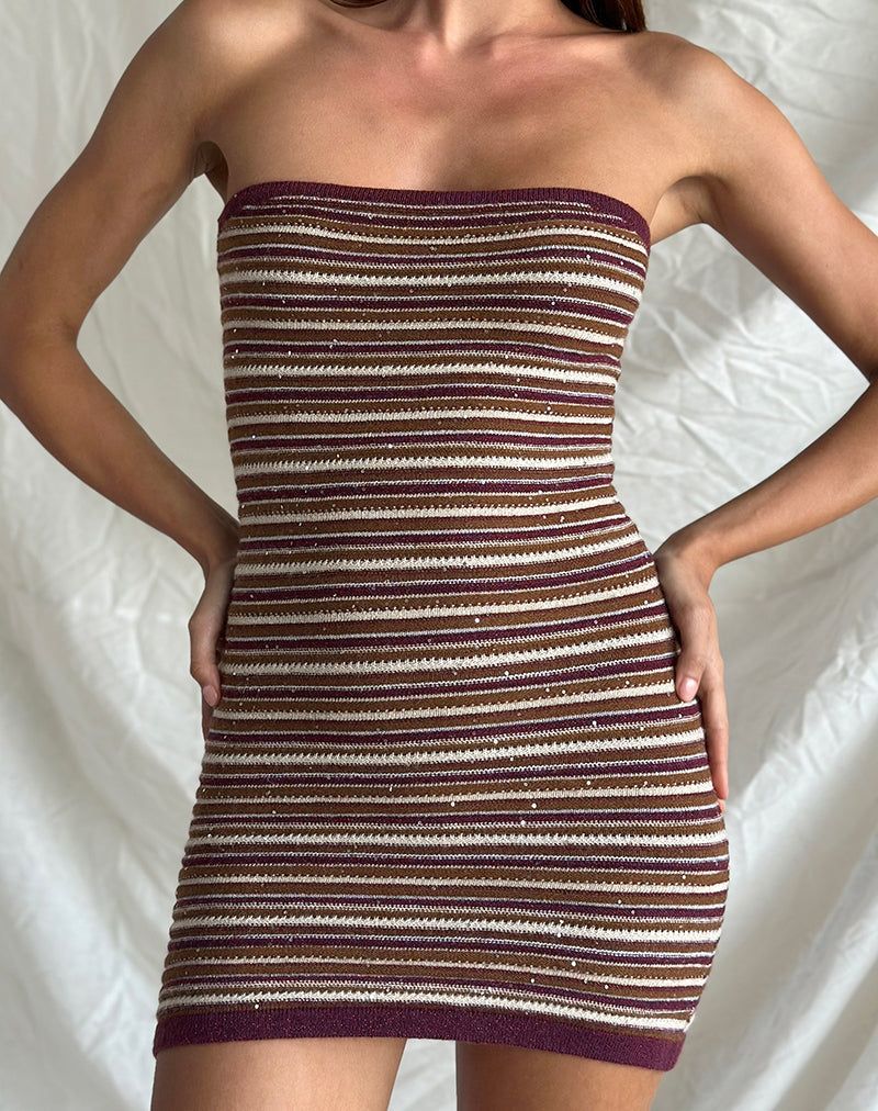 Image of Rosbina Bandeau-Minikleid aus schimmerndem Streifenstrick Rust