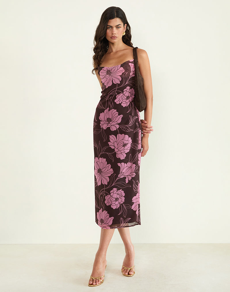 Image of Rujira Cowl Midikleid in Flare Floral Rosa Braun