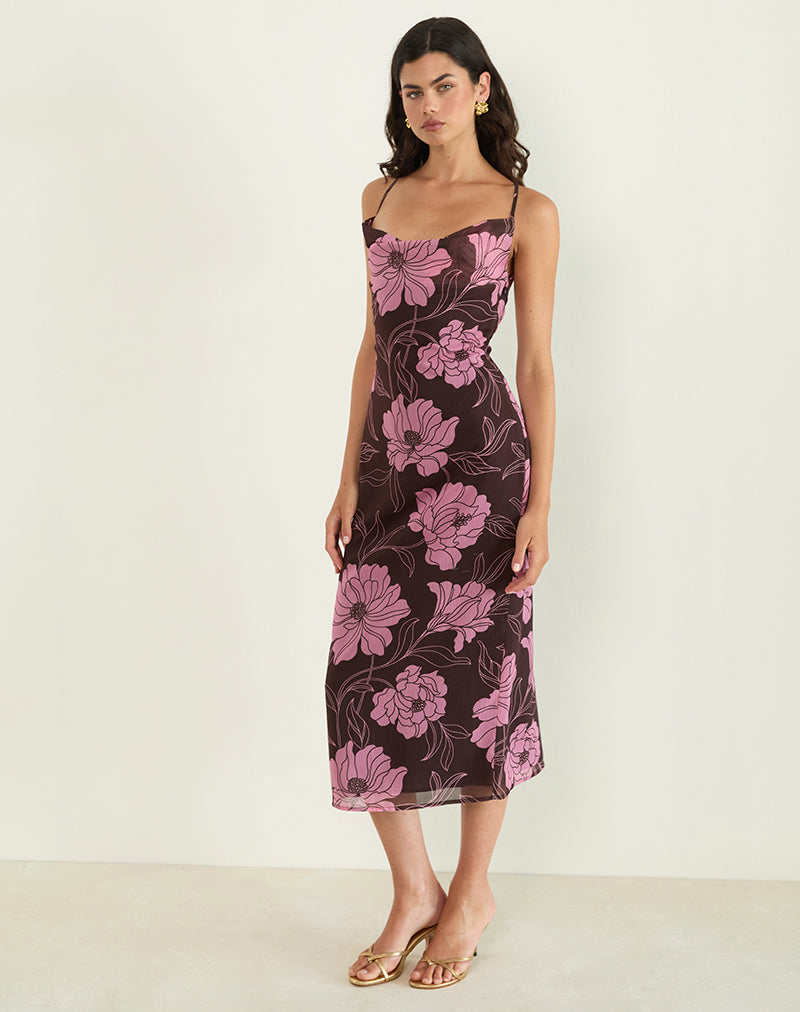 Image of Rujira Cowl Midikleid in Flare Floral Rosa Braun