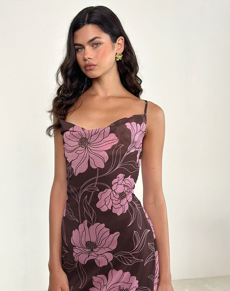 Image of Rujira Cowl Midikleid in Flare Floral Rosa Braun