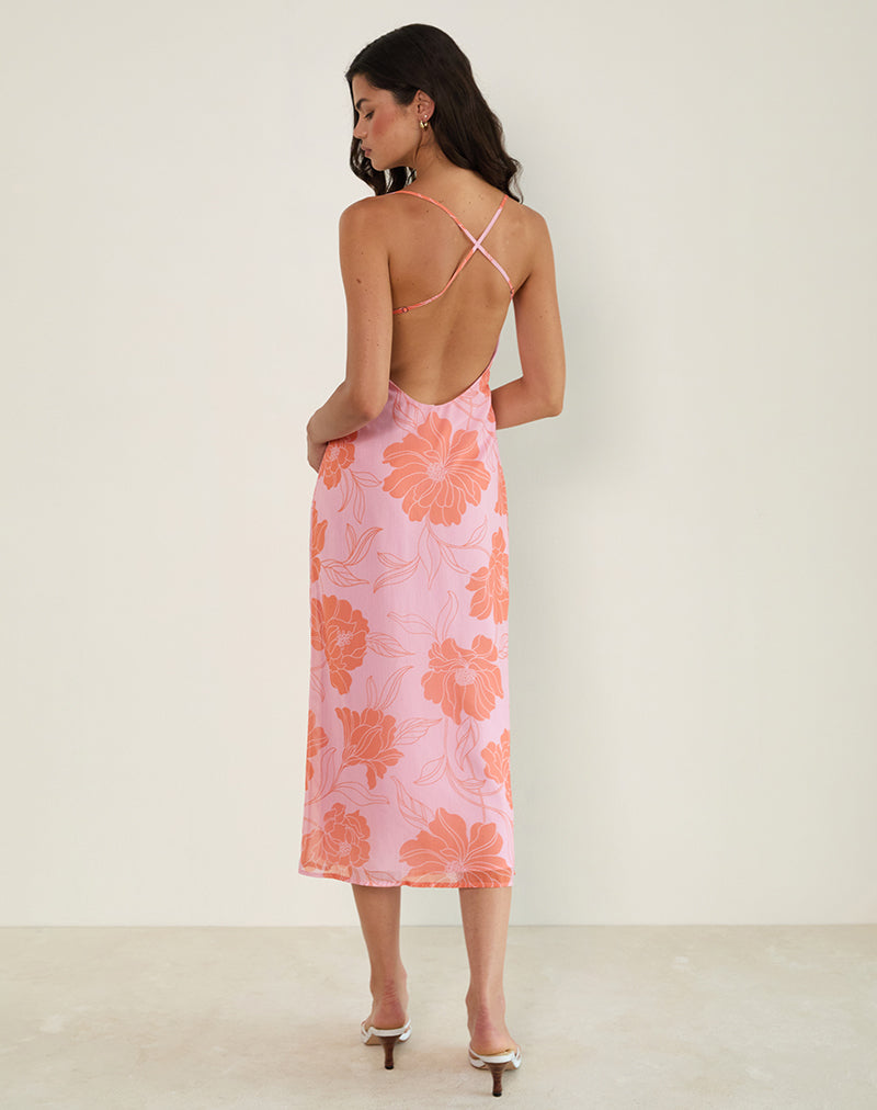 Rujira Midikleid mit Kragen in Rosa-Orange mit Blumenmuster