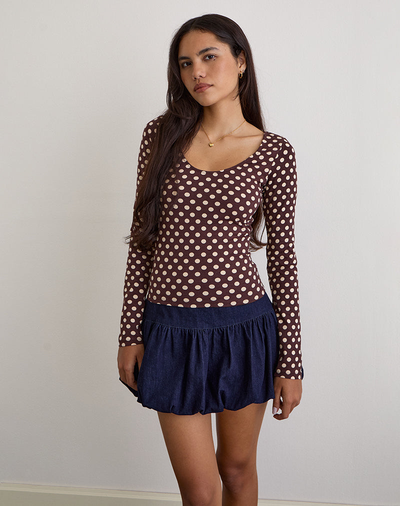 Image of Rumini Langarm-Top in Braun mit kleinem Polka Creme