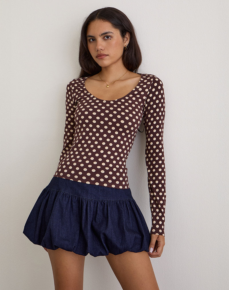 Image of Rumini Langarm-Top in Braun mit kleinem Polka Creme