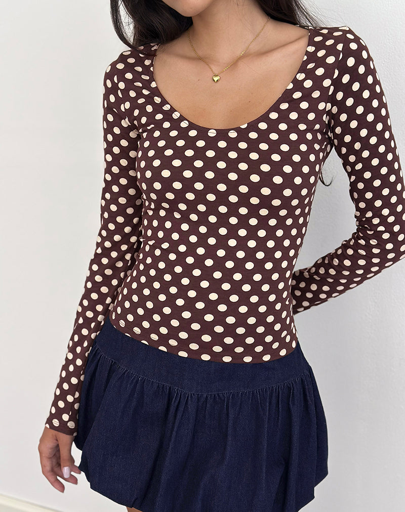 Image of Rumini Langarm-Top in Braun mit kleinem Polka Creme