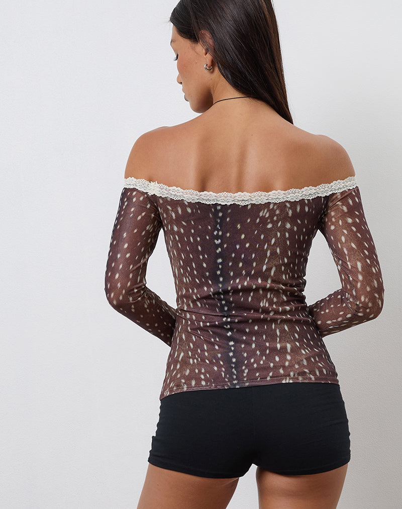 Image of Rusaka Bardot-Top aus Mesh-Hirschdruck Braun