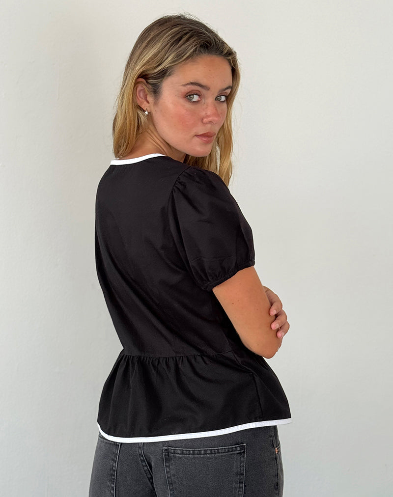 Image of Ryota Tie Front Bluse in Schwarz mit weißer Bindung